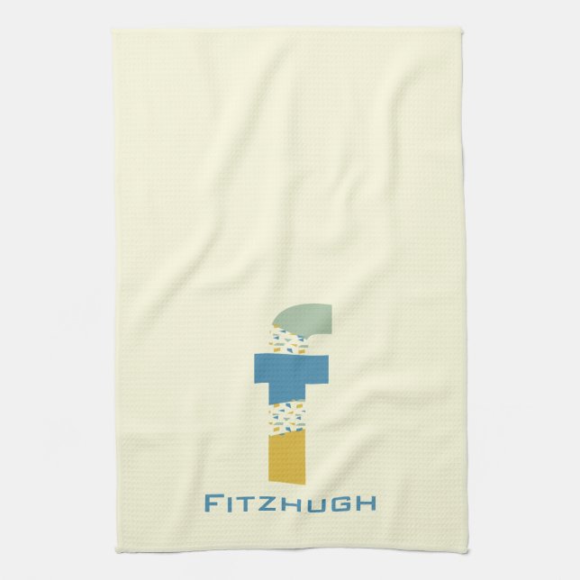 Modern Abstract Letter F Monogram Initial Tea Towel (Vertical)