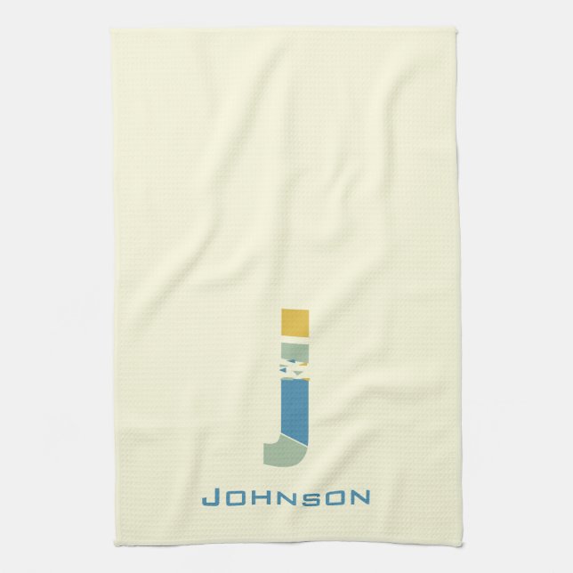 Modern Abstract Letter J Monogram Initial Tea Towel (Vertical)