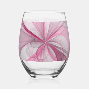 Modern Abstract Light Pink Gray Fractal Design Stemless Wine Glass