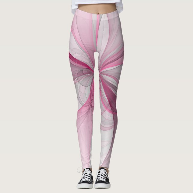Modern Abstract Light Pink Grey Fractal Design Leggings (Front)