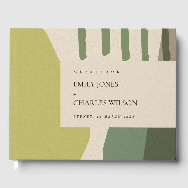 MODERN ABSTRACT LIME GREEN KRAFT ARTISTIC WEDDING GUEST BOOK (Front)