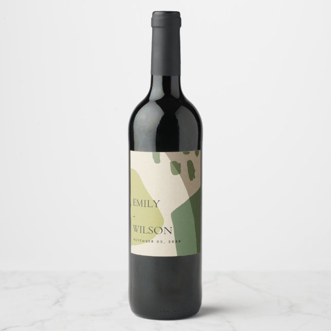 MODERN ABSTRACT LIME GREEN KRAFT ARTISTIC WEDDING WINE LABEL (Front)