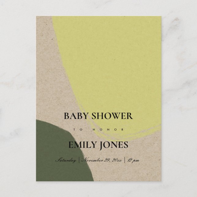 MODERN ABSTRACT LIME GREEN KRAFT BABY SHOWER INVITATION POSTCARD (Front)
