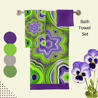 Modern Abstract Lime Green, Purple and Yellow Bath Towel Set