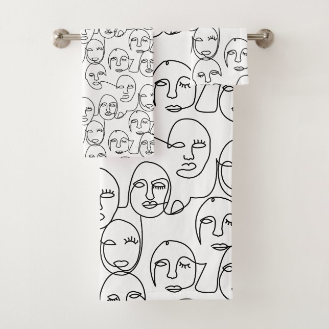 Modern Abstract Lines Faces Continuous Line Art Bath Towel Set (Insitu)
