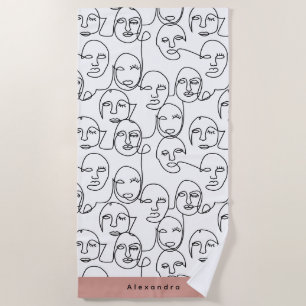 Modern Abstract Lines Faces Continuous Line Art Beach Towel