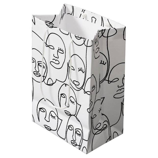 Modern Abstract Lines Faces Continuous Line Art Medium Gift Bag (Front Angled)