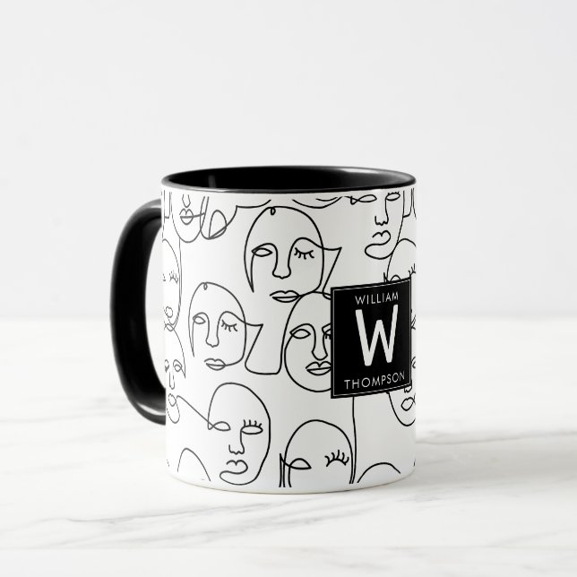 Modern Abstract Lines Faces Continuous Line Art Mug (Front Left)