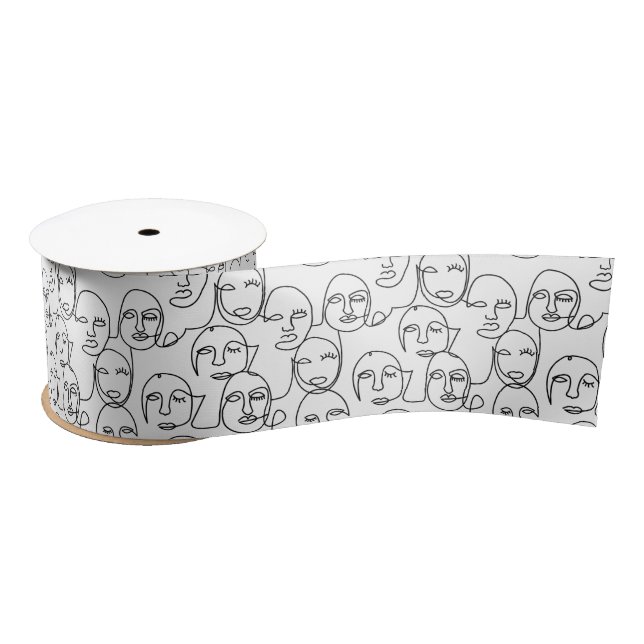 Modern Abstract Lines Faces Continuous Line Art Satin Ribbon (Spool)