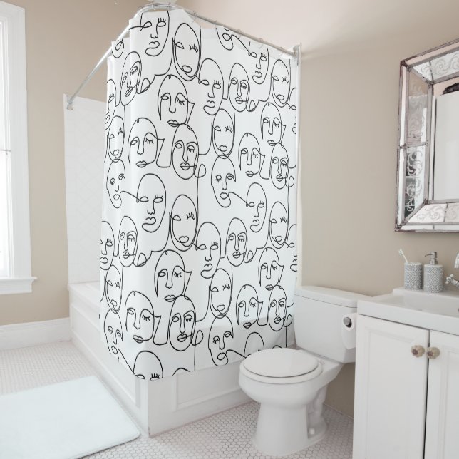 Modern Abstract Lines Faces Continuous Line Art Shower Curtain (In Situ)