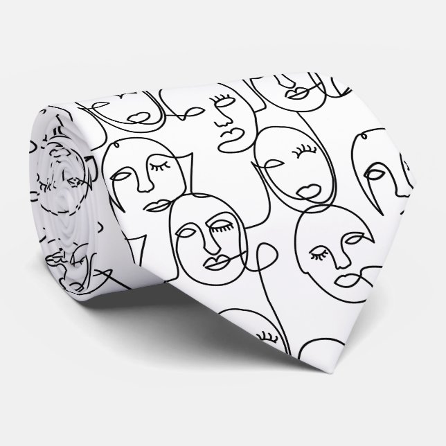 Modern Abstract Lines Faces Continuous Line Art Tie (Rolled)