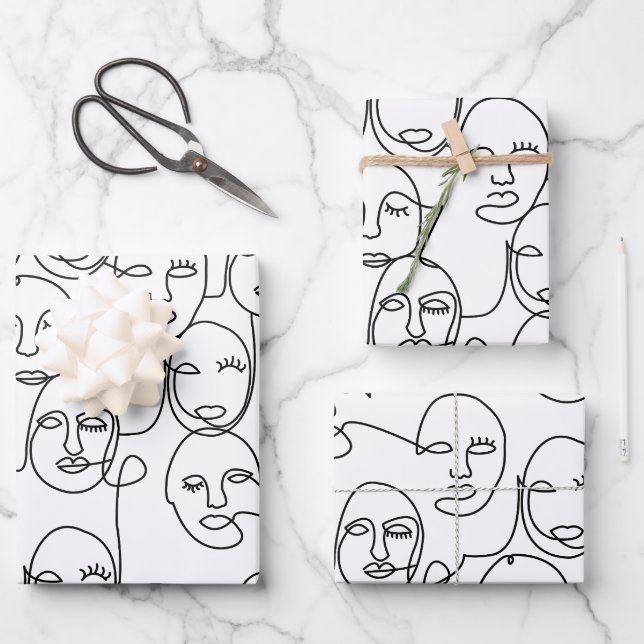 Modern Abstract Lines Faces Continuous Line Art Wrapping Paper Sheet (Front)