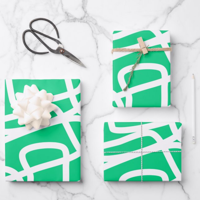 Modern Abstract Lines Green White Cute Whimsical Wrapping Paper Sheet (Front)