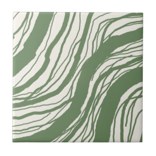 Modern Abstract Lines Sage Green White Tile