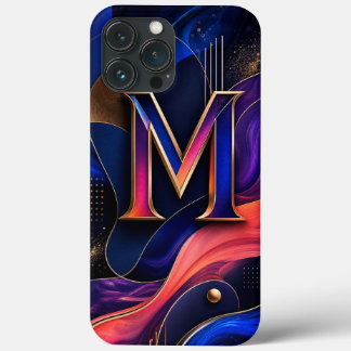 Modern Abstract M Initial Phone Case, Elegant Navy iPhone 13 Pro Max Case