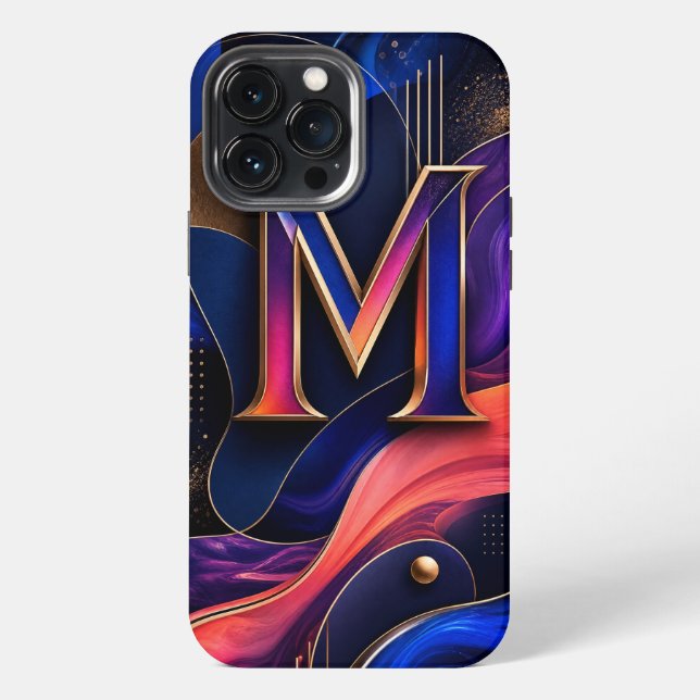 Modern Abstract M Initial Phone Case, Elegant Navy iPhone Case (Back)
