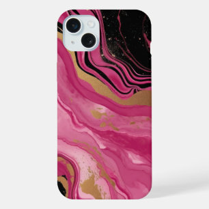 Modern abstract magenta pink gold glitter black iPhone 15 plus case
