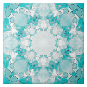 Modern abstract mandala pattern, teal, white tile