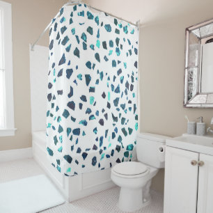 Modern Abstract Marble Navy Teal White Terrazzo Shower Curtain