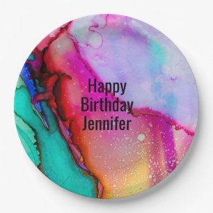 Modern Abstract Marble Watercolor Design Birthday Paper Plate