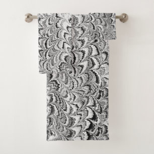 Modern Abstract Marbled Texture Black and White Bath Towel Set