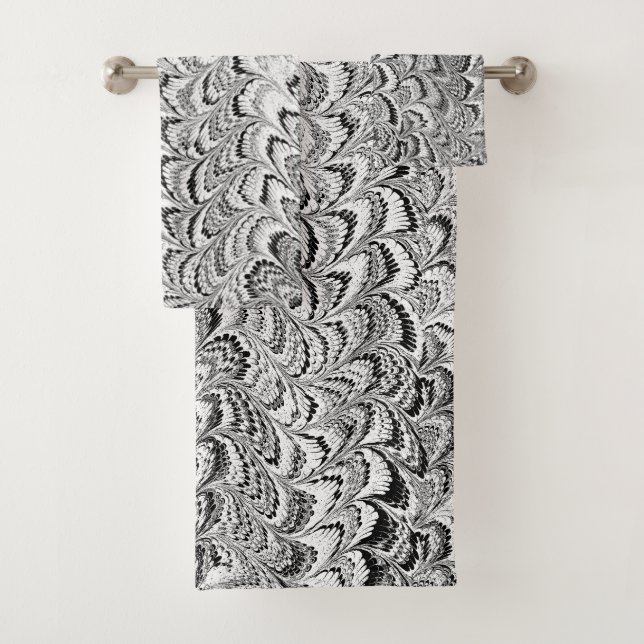 Modern Abstract Marbled Texture Black and White Bath Towel Set (Insitu)