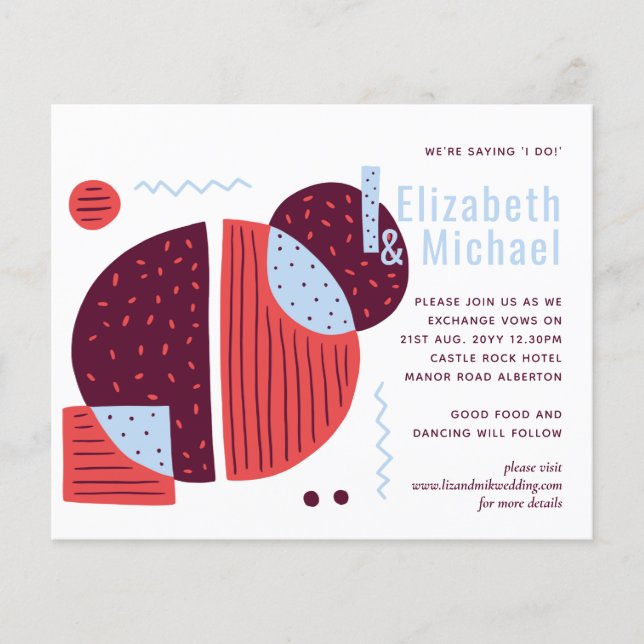 Modern Abstract Maroon Red Blue Wedding Invite (Front)