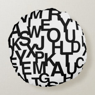 Modern, abstract, messy pattern with letters round cushion