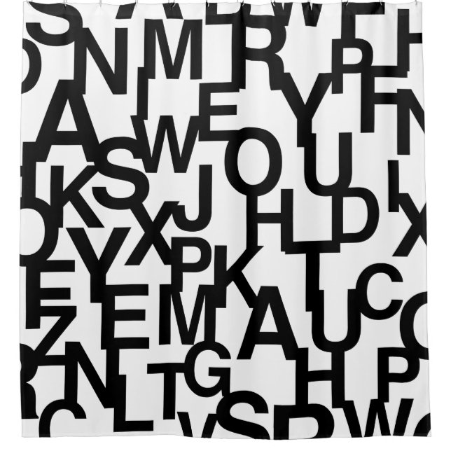 Modern, abstract, messy pattern with letters shower curtain (Front)