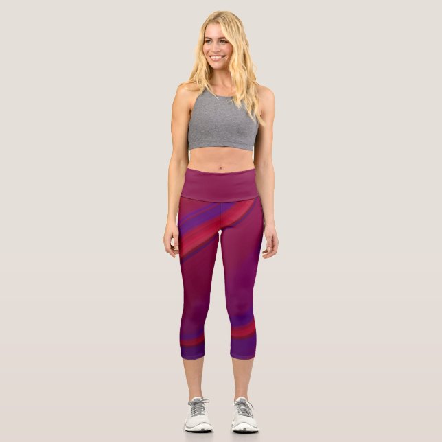 Modern Abstract Minimalist Red Purple Swirl Capri Leggings (Front)