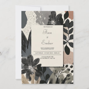 Modern Abstract Monochrome Floral Wedding Invitation
