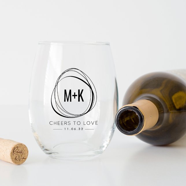 Modern Abstract Monogram Wedding Favour Stemless Wine Glass (Creator Uploaded)