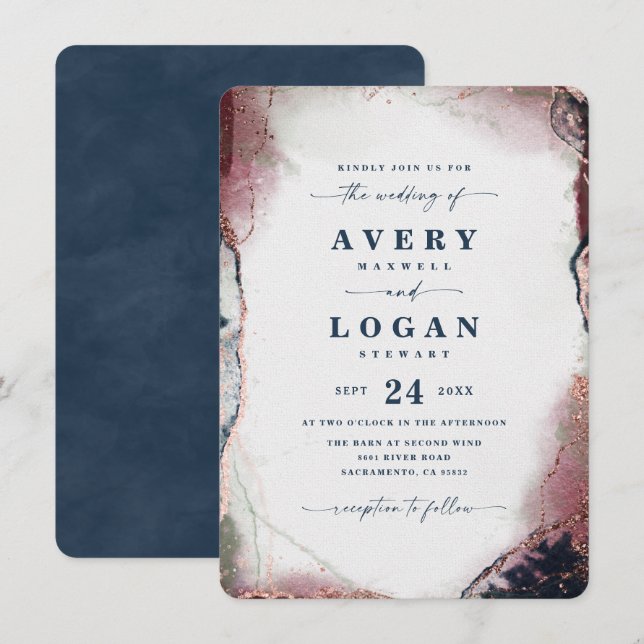 Modern Abstract Navy Blue & Burgundy Wedding Invitation (Front/Back)