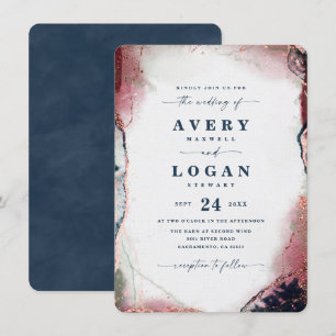 Modern Abstract Navy Blue & Burgundy Wedding Invitation
