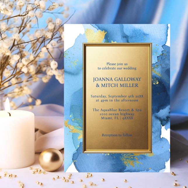 Modern Abstract Navy Blue Gold Watercolor Wedding Invitation (Modern Abstract Navy Blue Gold Watercolor Wedding Invitation)