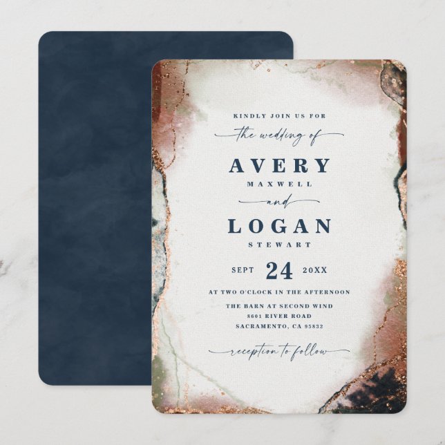 Modern Abstract Navy Blue & Orange Wedding Invitation (Front/Back)