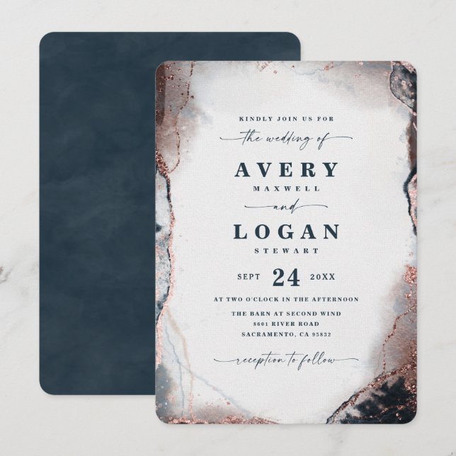 Modern Abstract Navy Blue & Rose Gold Wedding Invitation (Front/Back)