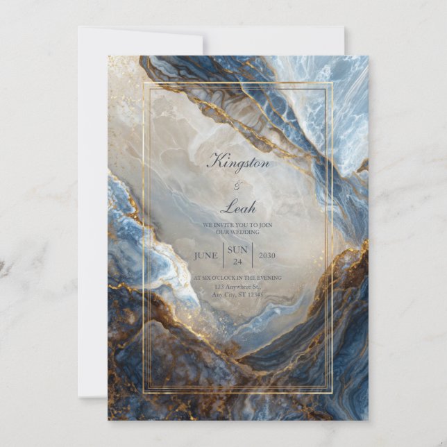 Modern Abstract Navy Bronze Gilded Marble Wedding Invitation (Front)