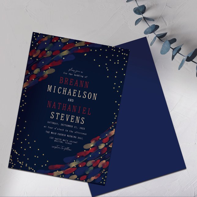 Modern Abstract Navy Burgundy Confetti Wedding Invitation (Creator Uploaded)