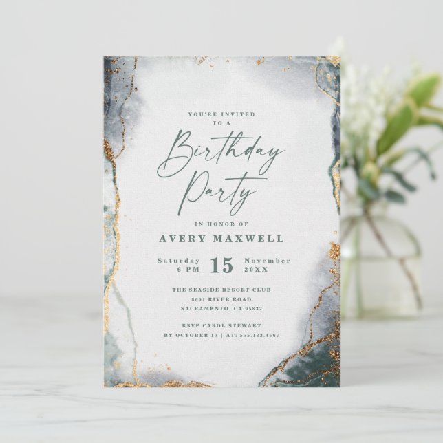 Modern Abstract Navy Green & Gold Birthday Party Invitation (Standing Front)
