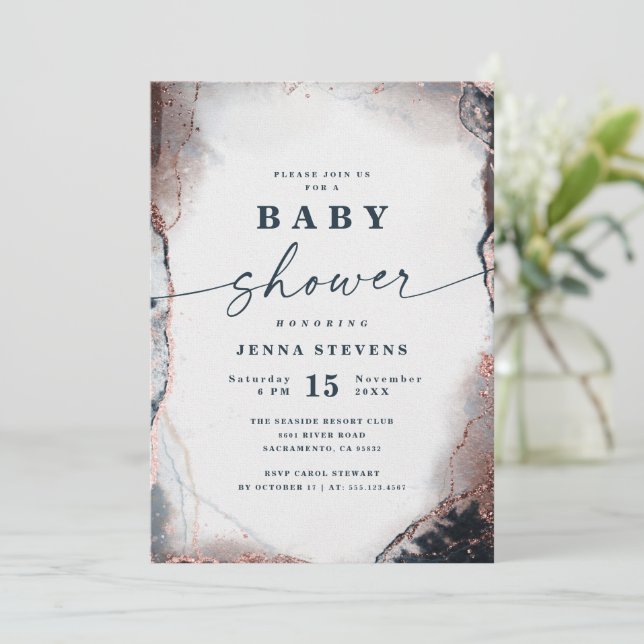Modern Abstract Navy & Rose Gold Baby Shower Invitation (Standing Front)