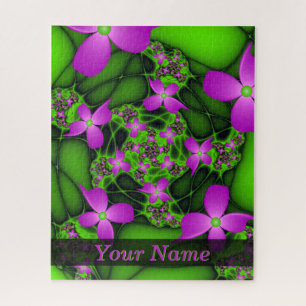 Modern Abstract Neon Pink Green Art Flowers Name Jigsaw Puzzle