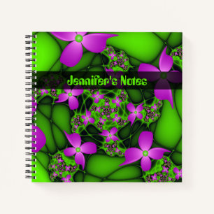 Modern Abstract Neon Pink Green Art Flowers Name Notebook