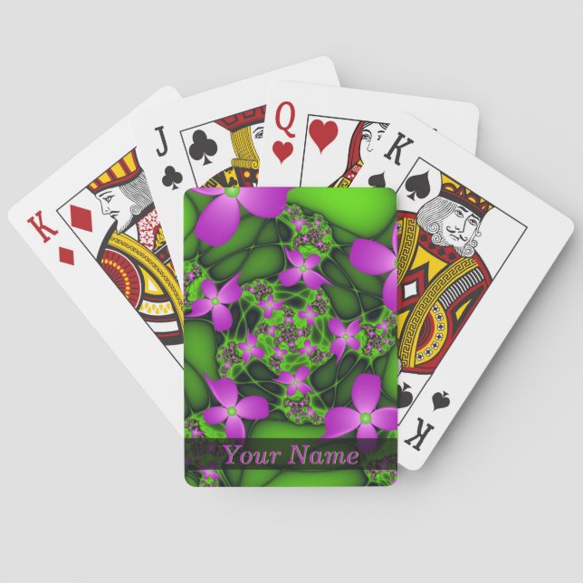 Modern Abstract Neon Pink Green Art Flowers Name Playing Cards (Back)