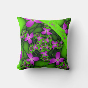 Modern Abstract Neon Pink Green Flowers Name Cushion