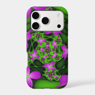 Modern Abstract Neon Pink Green Fractal Flowers