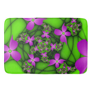 Modern Abstract Neon Pink Green Fractal Flowers Bath Mat