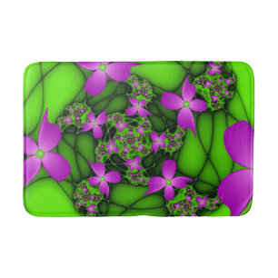 Modern Abstract Neon Pink Green Fractal Flowers Bath Mat