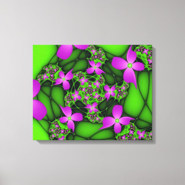 Modern Abstract Neon Pink Green Fractal Flowers Canvas Print (Front)