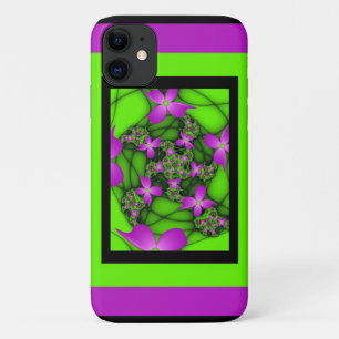 Modern Abstract Neon Pink Green Fractal Flowers iPhone 11 Case